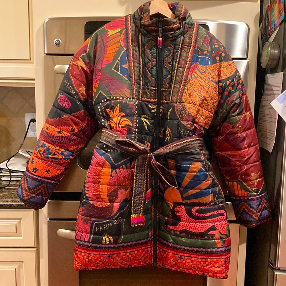 Farm rio puffer jacket , double sided, waist tie with tassels